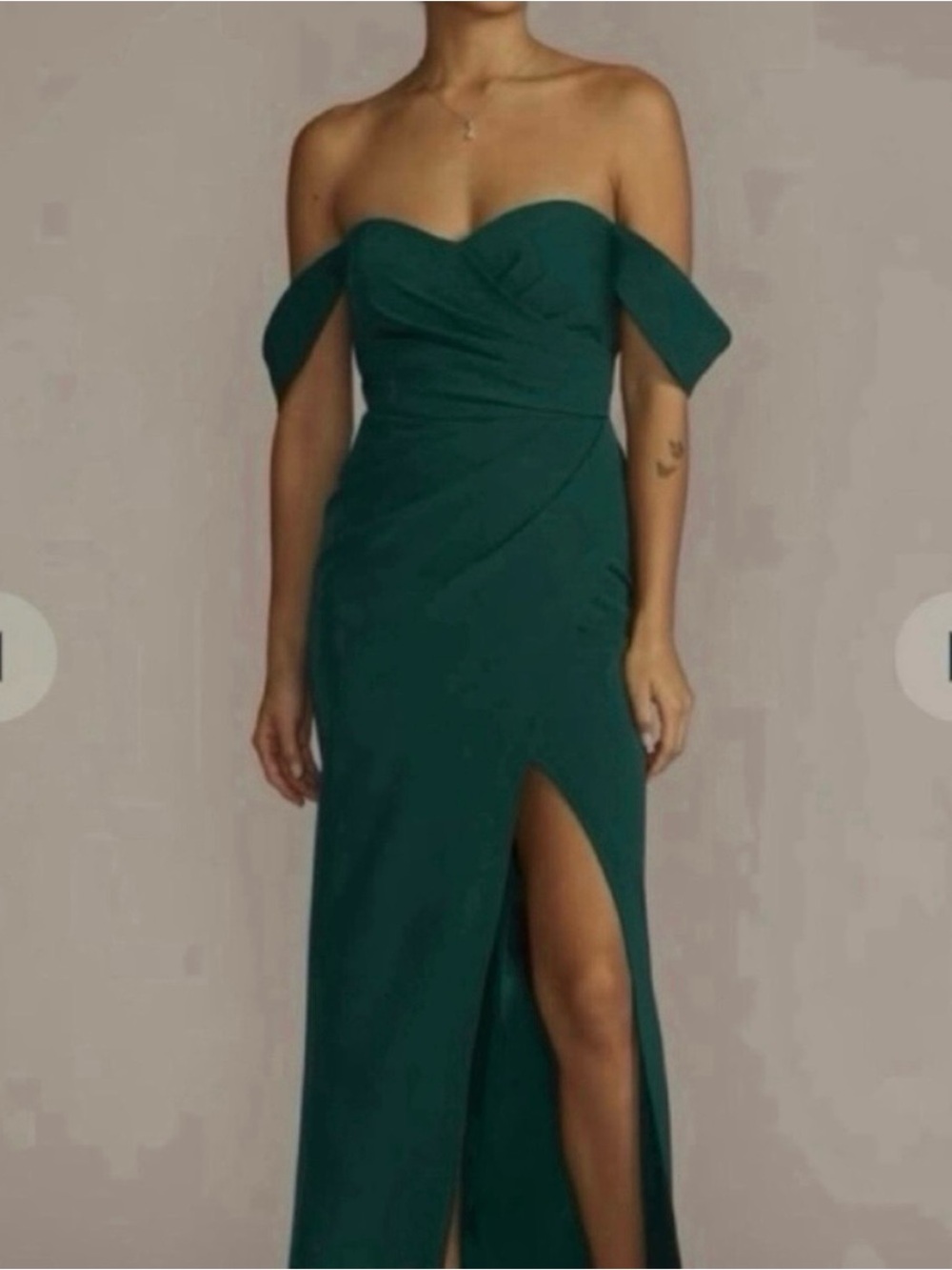 David's bridal bridesmaid sweetheart neckline off shoulder emerald green dress